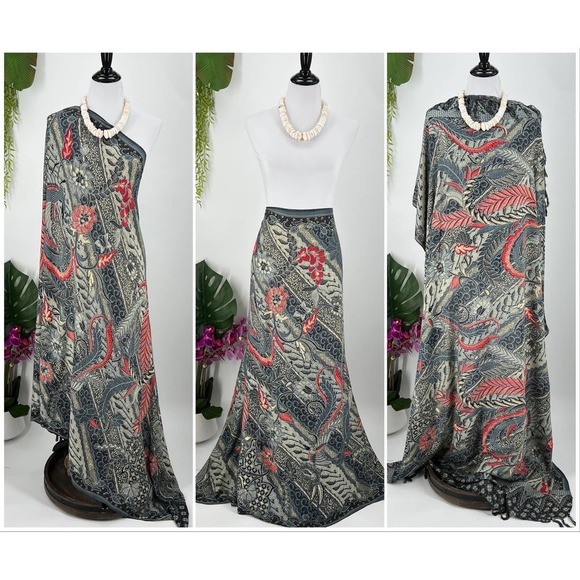 Red Beige Gray Hawaiian Tropical Floral MAXI SARONG Kīkepa Pareo Beach Wrap - Picture 4 of 4